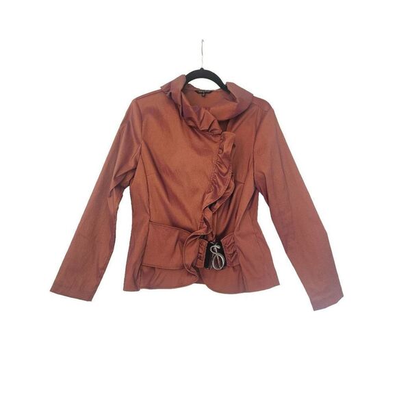 Samuel Dong ruffle taffeta jacket size medium rusty brown - Picture 1 of 12